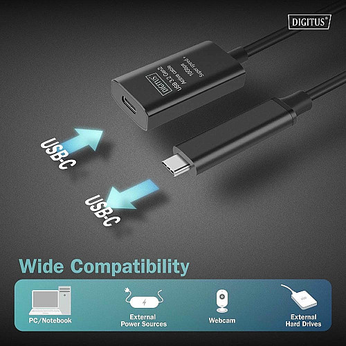 Подовжувач DIGITUS USB 3.2 Gen2 Active Cable 10G, C/M-C/F, 5м, чорний