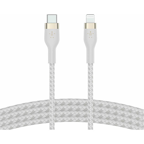 Кабель USB-C > Lightning подзарядка/синхронизация Belkin 1м, Type-C, плетеный, силиконовый, с ремешком на магните, белый