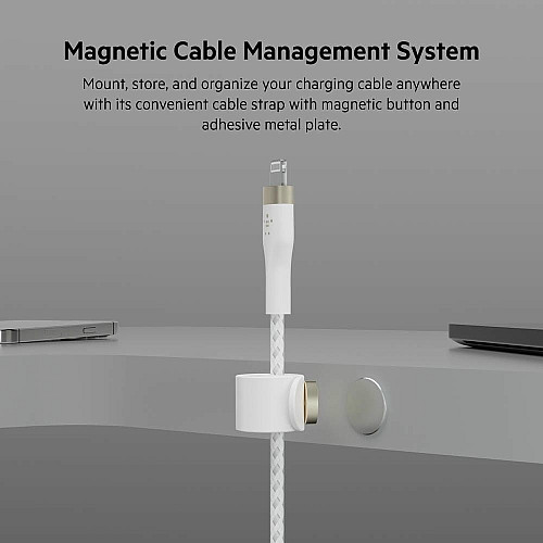 Кабель USB-C > Lightning подзарядка/синхронизация Belkin 1м, Type-C, плетеный, силиконовый, с ремешком на магните, белый
