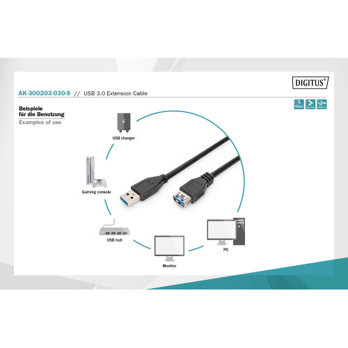 Кабель ASSMANN USB 3.0 (AM/AF) 3.0м, чорний