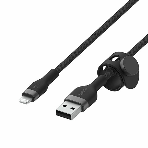 Кабель USB-A > Lightning подзарядка/синхронизация Belkin 1м, плетеный, силиконовый, с ремешком на магните, черный