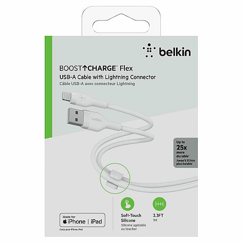 Кабель USB-A > Lightning подзарядка/синхронизация Belkin 1м, силиконовый с клипсой, белый