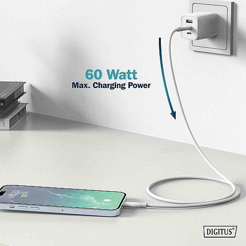 Кабель DIGITUS USB-C > USB-C зарядка/синхронизация, USB 2.0, 60W, силиконовый, 1м, белый
