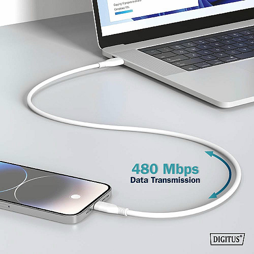 Кабель DIGITUS USB-A > USB-C зарядка/синхронизация, USB 2.0, 60W, силиконовый, 1м, белый