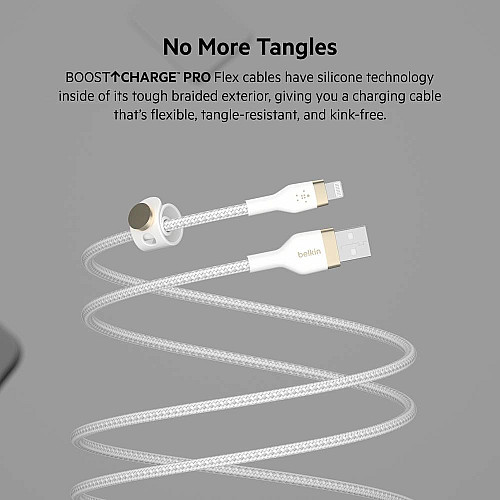 Кабель USB-A > Lightning подзарядка/синхронизация Belkin 1м, плетеный, силиконовый, с ремешком на магните, белый