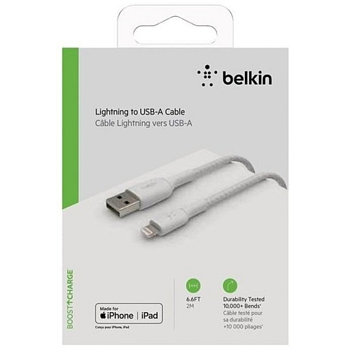 Кабель USB-A > Lightning зарядка/синхронизация Belkin 2м, 12Вт, плетеный, белый