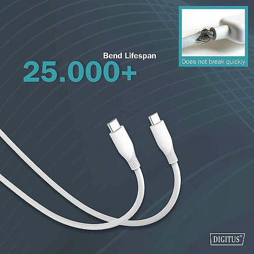 Кабель DIGITUS USB-C > USB-C зарядка/синхронизация, USB 2.0, 60W, силиконовый, 1м, белый