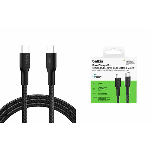 Кабель USB-C > USB-C зарядка/синхронизация Belkin 2м, 240Вт, Type-C, плетеный, черный