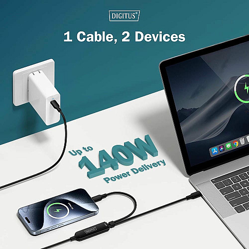 Кабель DIGITUS USB-C > 2xUSB-C зарядка/синхронизация, USB 2.0, 140W, 1.8м, черный