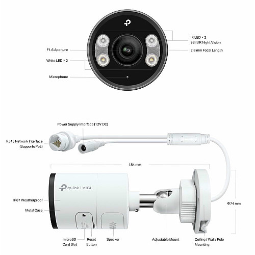 IP-камера TP-LINK VIGI C345-2,8, PoE, 4Мп, 2,8 мм, H265+, IP66, Bullet, цветное ночное видение, внешняя