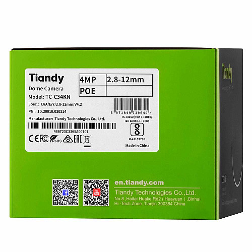 IP-камера Tiandy TC-C34KN Spec:I3/A/E/Y/2.8-12mm/V4.2, 4MP, Dome, 2.8-12mm AVF, f/1.6, IR30m, PoE, IP66