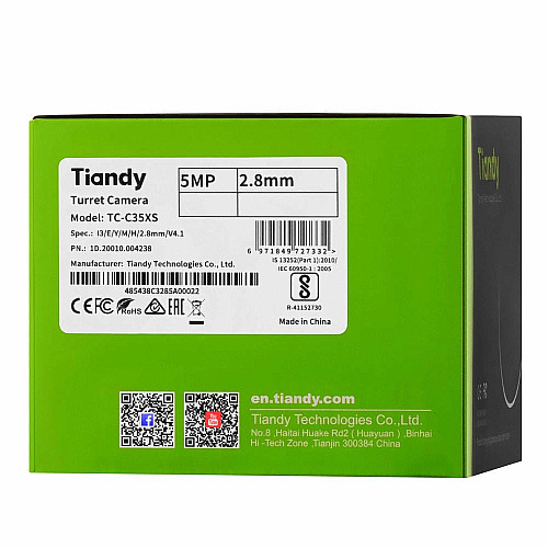 IP-камера Tiandy TC-C35XS Spec:I3/E/Y/M/H/2.8mm/V4.1, 5MP, Starlight Turret, 2.8mm, f/1.6, IR30m, DC12V, PoE, IP66