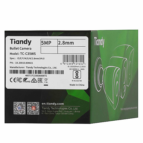 IP-камера Tiandy TC-C35WS Spec:I5/E/Y/M/H/2.8mm/V4.1, 5MP, Starlight Bullet, 2.8mm, f/1.6, IR50m, PoE, IP67