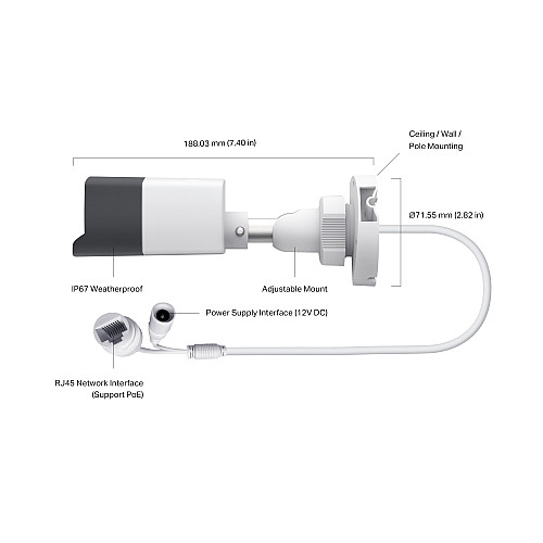 IP-Камера TP-LINK VIGI C340I-2.8mm, PoE, 4 Мп, 2.8 мм, H.265+, IP67, Bullet, ІЧ нічне бачення, зовнішня, вбудований мікрофон