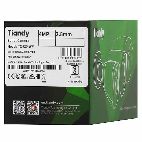 IP-камера Tiandy TC-C34WP Spec:W/E/Y/2.8mm/V4.0, 4MP, Color Maker Bullet, 2.8mm, f/1.0, LED15m, PoE, IP67