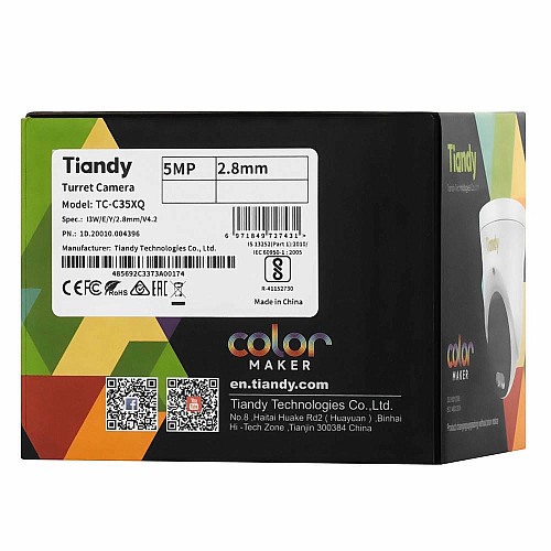 IP-камера Tiandy TC-C35XQ Spec:I3W/E/Y/2.8mm/V4.2, 5MP, EW Color Maker Turret, 2.8mm, f/1.0, IR30m, LED15m, DC12V, PoE, IP66, Speaker