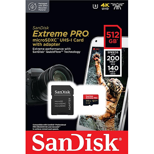 Карта памяти SanDisk microSD 512GB C10 UHS-I U3 R200/W140MB/s Extreme Pro V30+SD