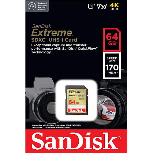 Карта пам'яті SanDisk SD   64GB C10 UHS-I U3 R170/W80MB/s Extreme V30