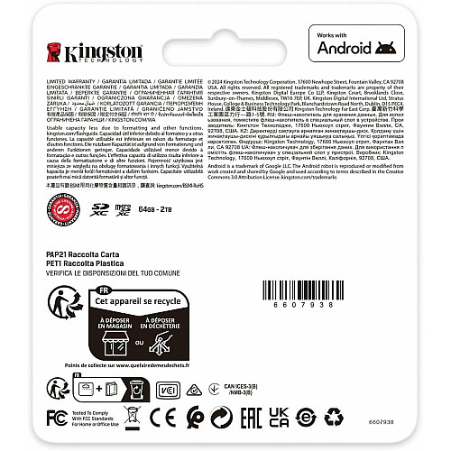 Карта памяти Kingston microSD 512GB C10 UHS-I U3 A2 V30 R200/W160MB/s