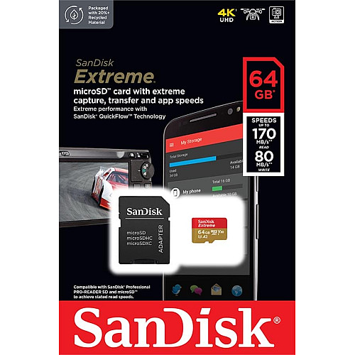 Карта памяти SanDisk microSD 64GB C10 UHS-I U3 R170/W80MB/s Extreme V30+SD