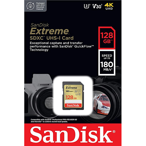 Карта памяти SanDisk SD 128GB C10 UHS-I U3 R180/W90MB/s Extreme V30