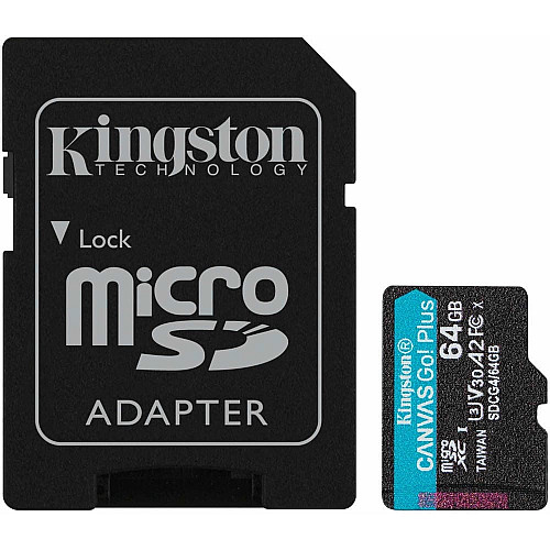 Карта пам'яті Kingston microSD   64GB C10 UHS-I U3 A2 V30 R200/W100MB/s + SD