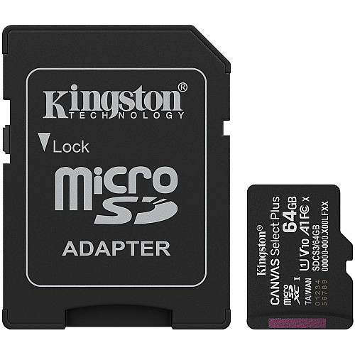 Карта пам'яті Kingston microSD   64GB C10 UHS-I A1 V10 R100MB/s + SD