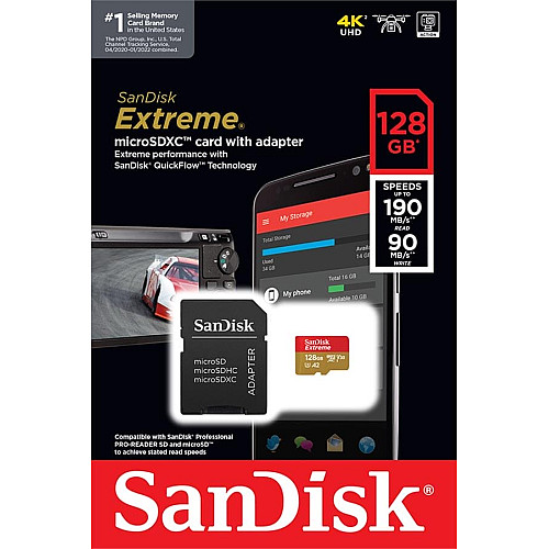 Карта памяти SanDisk microSD 128GB C10 UHS-I U3 R190/W90MB/s Extreme V30+SD
