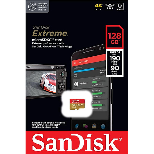 Карта памяти SanDisk microSD 128GB C10 UHS-I U3 R190/W90MB/s Extreme V30