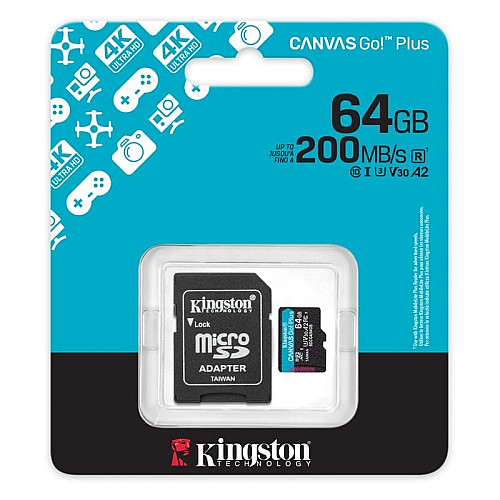 Карта пам'яті Kingston microSD   64GB C10 UHS-I U3 A2 V30 R200/W100MB/s + SD
