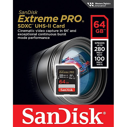 Карта памяти SanDisk SD 64GB C10 UHS-II U3 R280/W100MB/s Extreme Pro V60