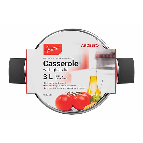 Кастрюля со стеклянной крышкой ARDESTO Gemini Trento, 3л, нержавеющая сталь, бакелит