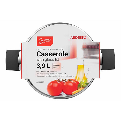 Каструля зі скляною кришкою ARDESTO Gemini Trento, 3.9л, нержавіюча сталь, бакеліт