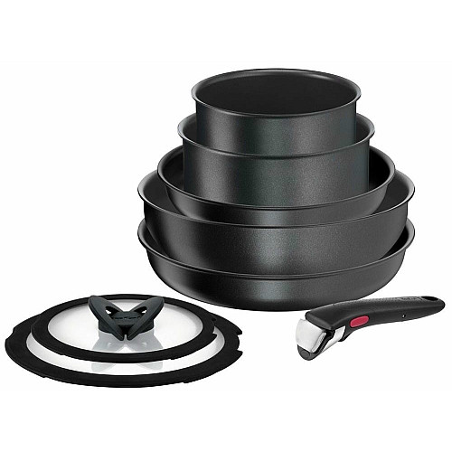 Набор посуды Tefal Ingenio Daily Chef, сменная ручка, 8 предметов, алюминий, бакелит, силикон, стекло, черный