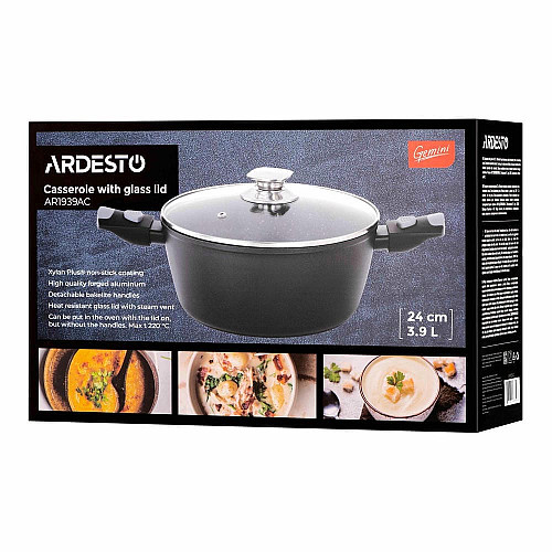 Кастрюля со стеклянной крышкой ARDESTO Gemini Bari, 3.9л, алюминий, черный