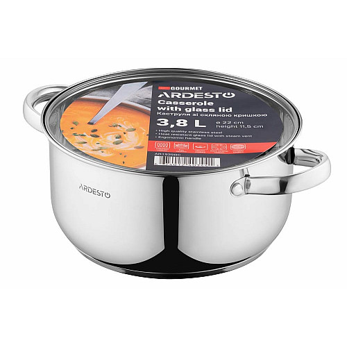 Кастрюля со стеклянной крышкой ARDESTO Gemini Gourmet Aosta, 3.8л, нержавеющая сталь