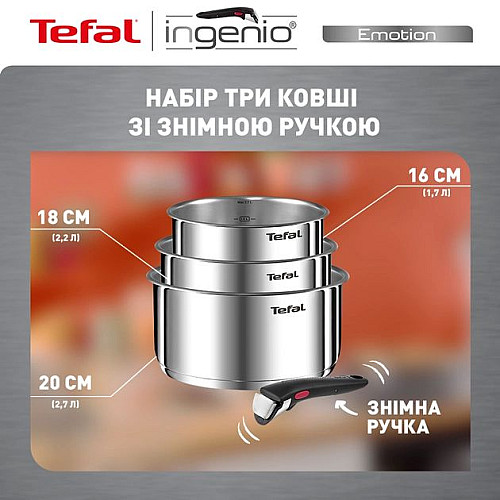 Набор посуды Tefal Ingenio Emotion, сменная ручка, 4 предмета, нержавеющая сталь, бакелит