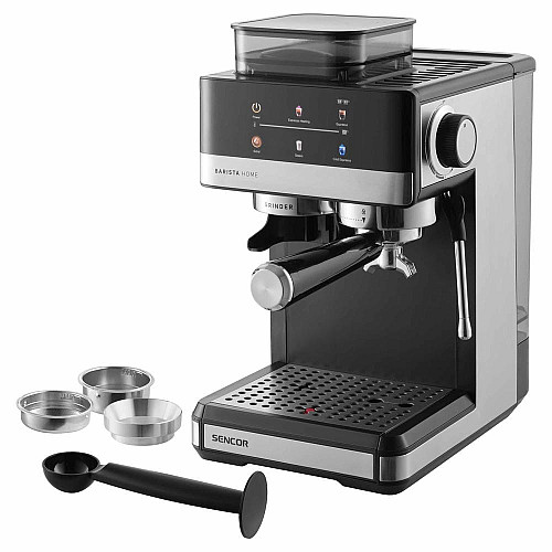 Кофеварка Sencor рожковая 1.8л, зерно+молотая, встроенная кофемолка, дисплей, нерж. сталь-черный