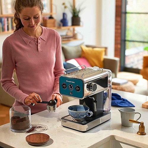 Кофеварка Russell Hobbs рожковая Distinctions Ocean 1.1л, молотая + чалды, сине-серебристый