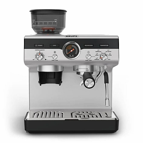 Кавоварка Krups ріжкова Precision+, 3.5л, вдубована кавомолка, ручний капучинатор, 15 бар, чорний-сірий