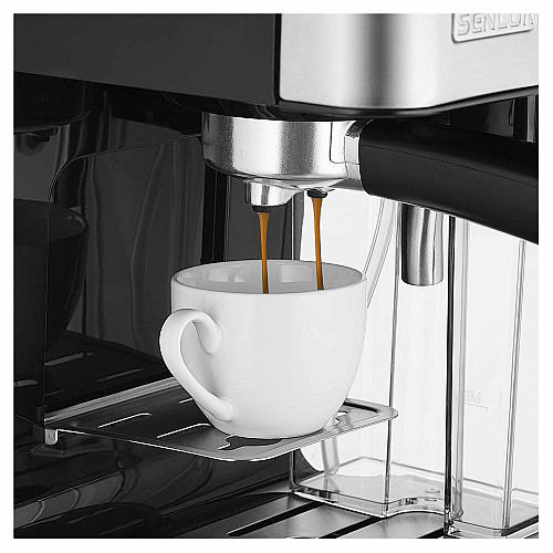Кофеварка Sencor рожковая 1.4л, молотая, автоматический капучинатор, LCD-дисплей, нерж. сталь-черный
