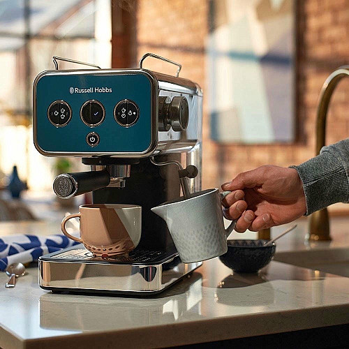 Кофеварка Russell Hobbs рожковая Distinctions Ocean 1.1л, молотая + чалды, сине-серебристый