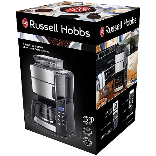 Кавоварка Russell Hobbs крапельна Grind and Brew, 1.25л, мелена, LED-дисплей, чорно-метал