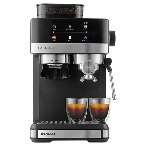 Кофеварка Sencor рожковая 1.8л, зерно+молотая, встроенная кофемолка, дисплей, нерж. сталь-черный