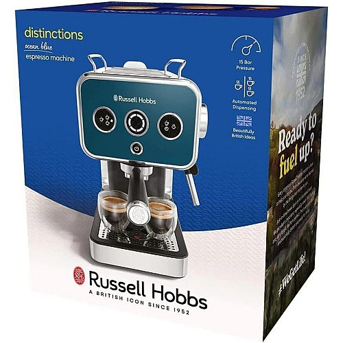 Кофеварка Russell Hobbs рожковая Distinctions Ocean 1.1л, молотая + чалды, сине-серебристый