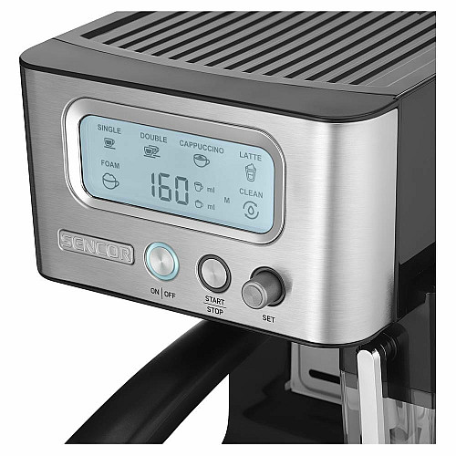 Кофеварка Sencor рожковая 1.4л, молотая, автоматический капучинатор, LCD-дисплей, нерж. сталь-черный