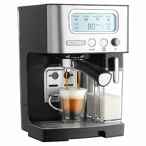 Кофеварка Sencor рожковая 1.4л, молотая, автоматический капучинатор, LCD-дисплей, нерж. сталь-черный