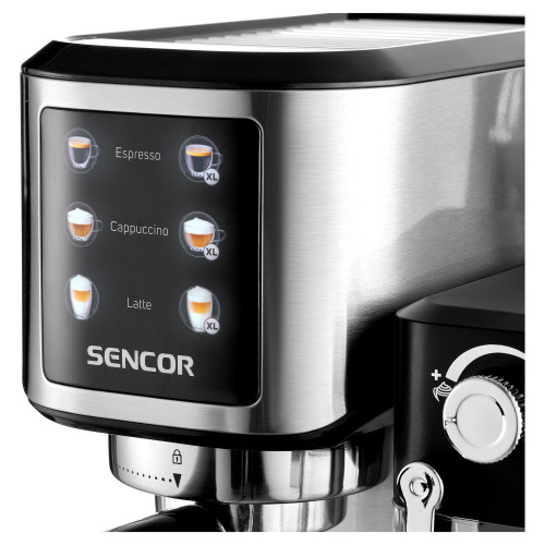 Кавоварка Sencor ріжкова 1л, мелена, автоматичний капучинатор, LCD-дисплей, нерж. сталь, сірий