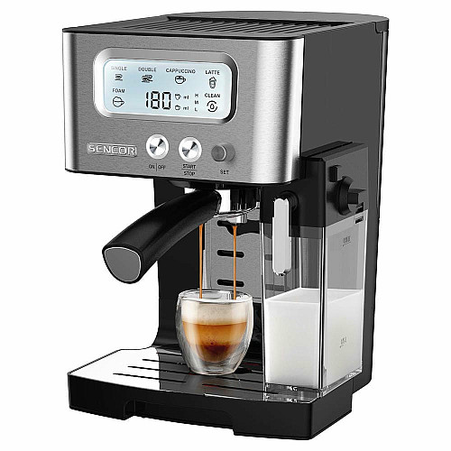 Кофеварка Sencor рожковая 1.4л, молотая, автоматический капучинатор, LCD-дисплей, нерж. сталь-черный