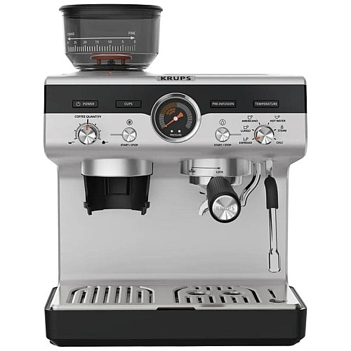 Кавоварка Krups ріжкова Precision+, 3.5л, вдубована кавомолка, ручний капучинатор, 15 бар, чорний-сірий